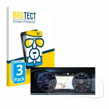 Front side of a product packaging with the brand logo BROTECT. Next to it is the device Volkswagen Golf 7 Active Info Chockpit