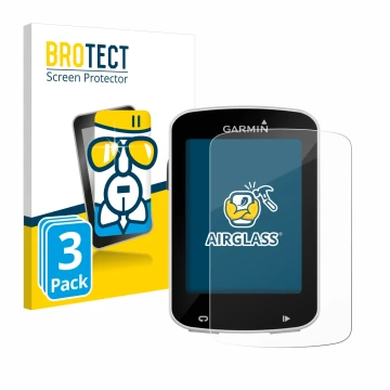 Front side of a product packaging with the brand logo BROTECT. Next to it is the device Garmin Edge Explore 820 shown with the