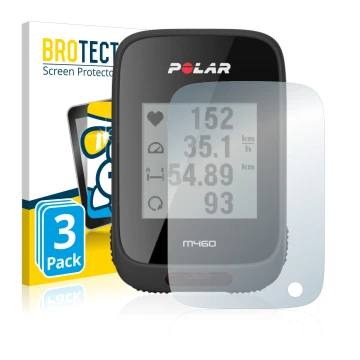 Front side of a product packaging with the brand logo BROTECT. Next to it is the device Polar M460 shown with the correspondin