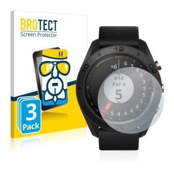 Front side of a product packaging with the brand logo BROTECT. Next to it is the device Garmin Approach S60 shown with the cor