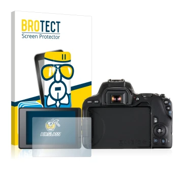 Front side of a product packaging with the brand logo BROTECT. Next to it is the device Canon EOS 200D shown with the correspo