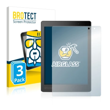 Front side of a product packaging with the brand logo BROTECT. Next to it is the device Kobo Aura One shown with the correspon