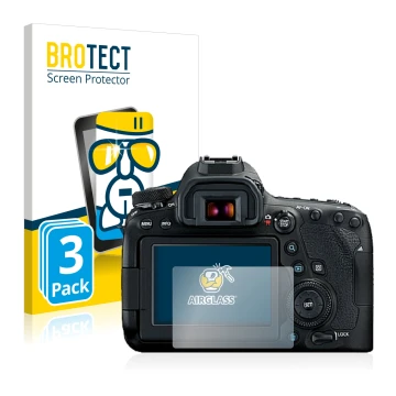 Front side of a product packaging with the brand logo BROTECT. Next to it is the device Canon EOS 6D Mark II shown with the co