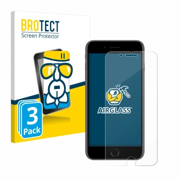 Front side of a product packaging with the brand logo BROTECT. Next to it is the device Apple iPhone 8 Plus shown with the cor