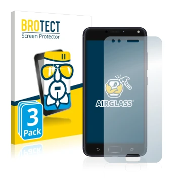 Front side of a product packaging with the brand logo BROTECT. Next to it is the device ASUS ZenFone 4 ZE554KL shown with the 