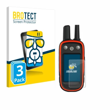 Front side of a product packaging with the brand logo BROTECT. Next to it is the device Garmin Atemos 100 shown with the corre