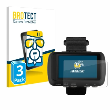 Front side of a product packaging with the brand logo BROTECT. Next to it is the device Garmin Foretrex 601 shown with the cor