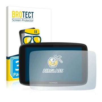 Front side of a product packaging with the brand logo BROTECT. Next to it is the device TomTom GO 6250 shown with the correspo