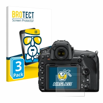 Front side of a product packaging with the brand logo BROTECT. Next to it is the device Nikon D850 shown with the correspondin
