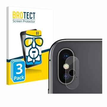 Front side of a product packaging with the brand logo BROTECT. Next to it is the device Apple iPhone X (ONLY Camera Lens) show