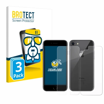 Front side of a product packaging with the brand logo BROTECT. Next to it is the device Apple iPhone 8 (Front+Back) shown with