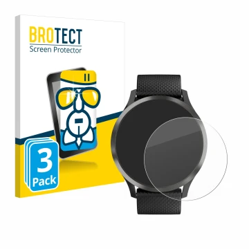 Front side of a product packaging with the brand logo BROTECT. Next to it is the device Garmin vivomove HR shown with the corr