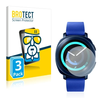 Front side of a product packaging with the brand logo BROTECT. Next to it is the device Samsung Gear Sport shown with the corr