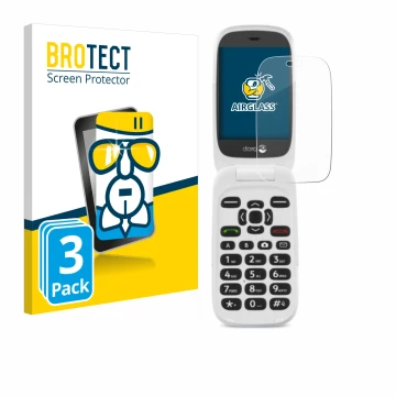 Front side of a product packaging with the brand logo BROTECT. Next to it is the device Doro 6520 shown with the corresponding
