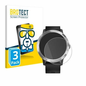 Front side of a product packaging with the brand logo BROTECT. Next to it is the device Garmin vivoactive 3 shown with the cor