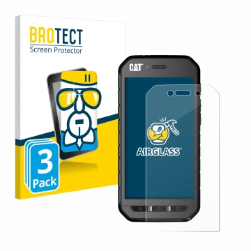 Front side of a product packaging with the brand logo BROTECT. Next to it is the device Caterpillar Cat S41 shown with the cor