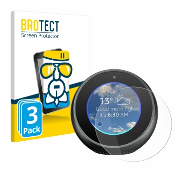 Front side of a product packaging with the brand logo BROTECT. Next to it is the device Amazon Echo Spot shown with the corres