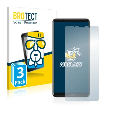 Front side of a product packaging with the brand logo BROTECT. Next to it is the device Huawei Mate 10 Pro shown with the corr