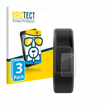 Front side of a product packaging with the brand logo BROTECT. Next to it is the device Garmin Vivosport shown with the corres