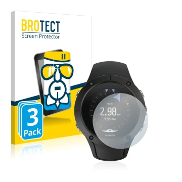 Front side of a product packaging with the brand logo BROTECT. Next to it is the device Suunto Spartan Trainer Wrist HR shown 