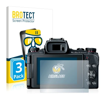 Front side of a product packaging with the brand logo BROTECT. Next to it is the device Canon PowerShot G1 X Mark III shown wi