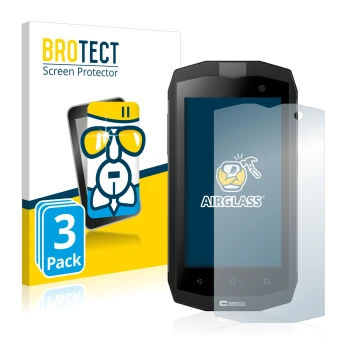 Front side of a product packaging with the brand logo BROTECT. Next to it is the device Crosscall Trekker M1 shown with the co
