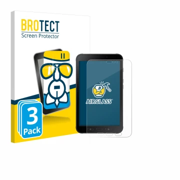 Front side of a product packaging with the brand logo BROTECT. Next to it is the device Samsung Galaxy Tab Active 2 shown with