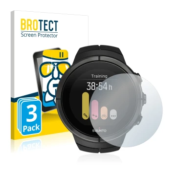 Front side of a product packaging with the brand logo BROTECT. Next to it is the device Suunto Spartan Ultra shown with the co