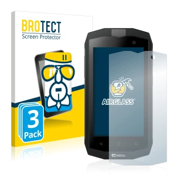 Front side of a product packaging with the brand logo BROTECT. Next to it is the device Crosscall Trekker M1 Core shown with t