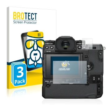 Front side of a product packaging with the brand logo BROTECT. Next to it is the device Fujifilm X-H1 shown with the correspon