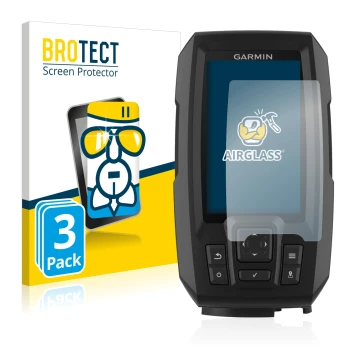 Front side of a product packaging with the brand logo BROTECT. Next to it is the device Garmin Striker Plus 4 shown with the c