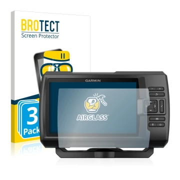 Front side of a product packaging with the brand logo BROTECT. Next to it is the device Garmin Striker Plus 5cv shown with the