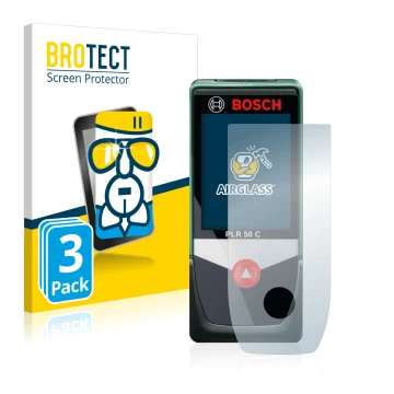 Front side of a product packaging with the brand logo BROTECT. Next to it is the device Bosch PLR 50 C shown with the correspo