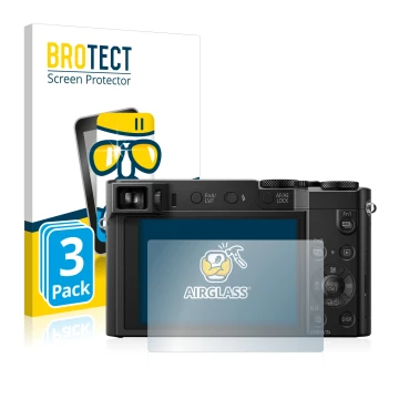 Front side of a product packaging with the brand logo BROTECT. Next to it is the device Panasonic Lumix DMC-TZ100 shown with t