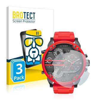 Front side of a product packaging with the brand logo BROTECT. Next to it is the device Diesel DZ7370 shown with the correspon