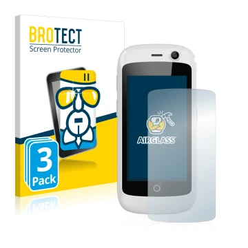 Front side of a product packaging with the brand logo BROTECT. Next to it is the device Unihertz Jelly Pro shown with the corr