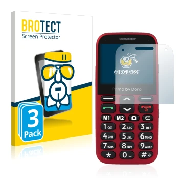 Front side of a product packaging with the brand logo BROTECT. Next to it is the device Doro Primo 366 shown with the correspo