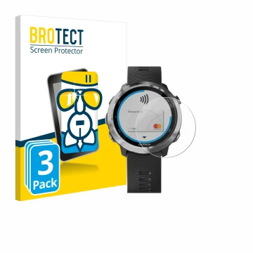 Front side of a product packaging with the brand logo BROTECT. Next to it is the device Garmin Forerunner 645 shown with the c