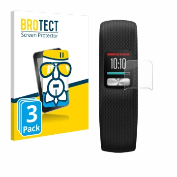 Front side of a product packaging with the brand logo BROTECT. Next to it is the device Garmin Vivofit 4 shown with the corres