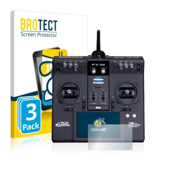 Front side of a product packaging with the brand logo BROTECT. Next to it is the device Robbe Futaba FX-36 shown with the corr