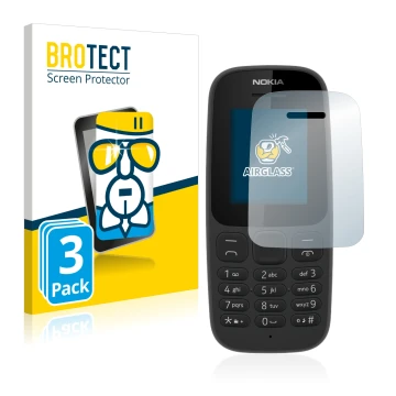 Front side of a product packaging with the brand logo BROTECT. Next to it is the device Nokia 105 2017 shown with the correspo