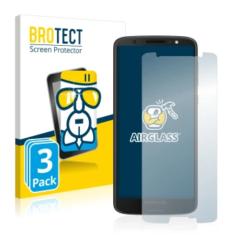 Front side of a product packaging with the brand logo BROTECT. Next to it is the device Motorola Moto G6 shown with the corres