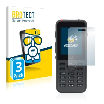 Front side of a product packaging with the brand logo BROTECT. Next to it is the device Cisco IP Phone 8821 shown with the cor