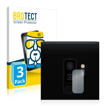 Front side of a product packaging with the brand logo BROTECT. Next to it is the device Samsung Galaxy S9 Plus (ONLY Camera Le