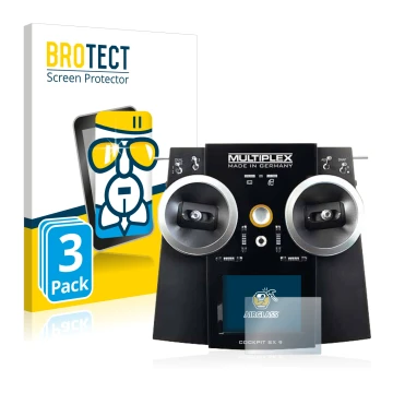 Front side of a product packaging with the brand logo BROTECT. Next to it is the device Multiplex Cockpit SX9 shown with the c