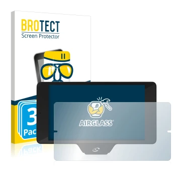 Front side of a product packaging with the brand logo BROTECT. Next to it is the device Coyote Nav+ 2017 shown with the corres