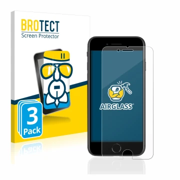 Front side of a product packaging with the brand logo BROTECT. Next to it is the device Apple iPhone SE 2 2020 shown with the 