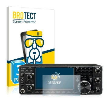 Front side of a product packaging with the brand logo BROTECT. Next to it is the device Icom IC-7610 shown with the correspond
