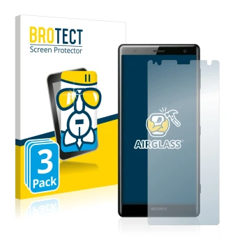 Front side of a product packaging with the brand logo BROTECT. Next to it is the device Sony Xperia XZ2 shown with the corresp