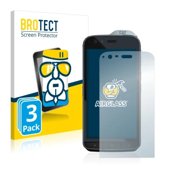 Front side of a product packaging with the brand logo BROTECT. Next to it is the device Caterpillar Cat S61 shown with the cor